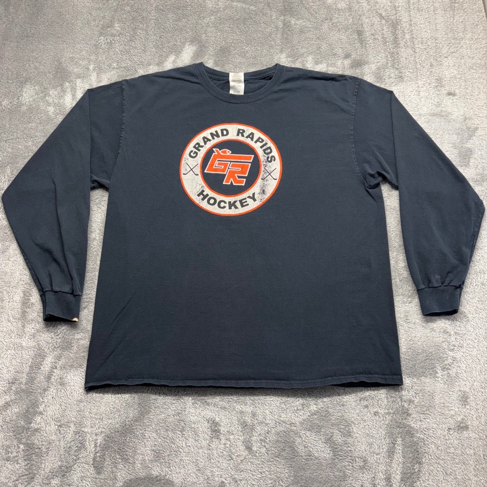 Gildan Long Sleeve T-Shirt‎ Mens XL Navy Blue Good Grand Rapids Hockey Graphic